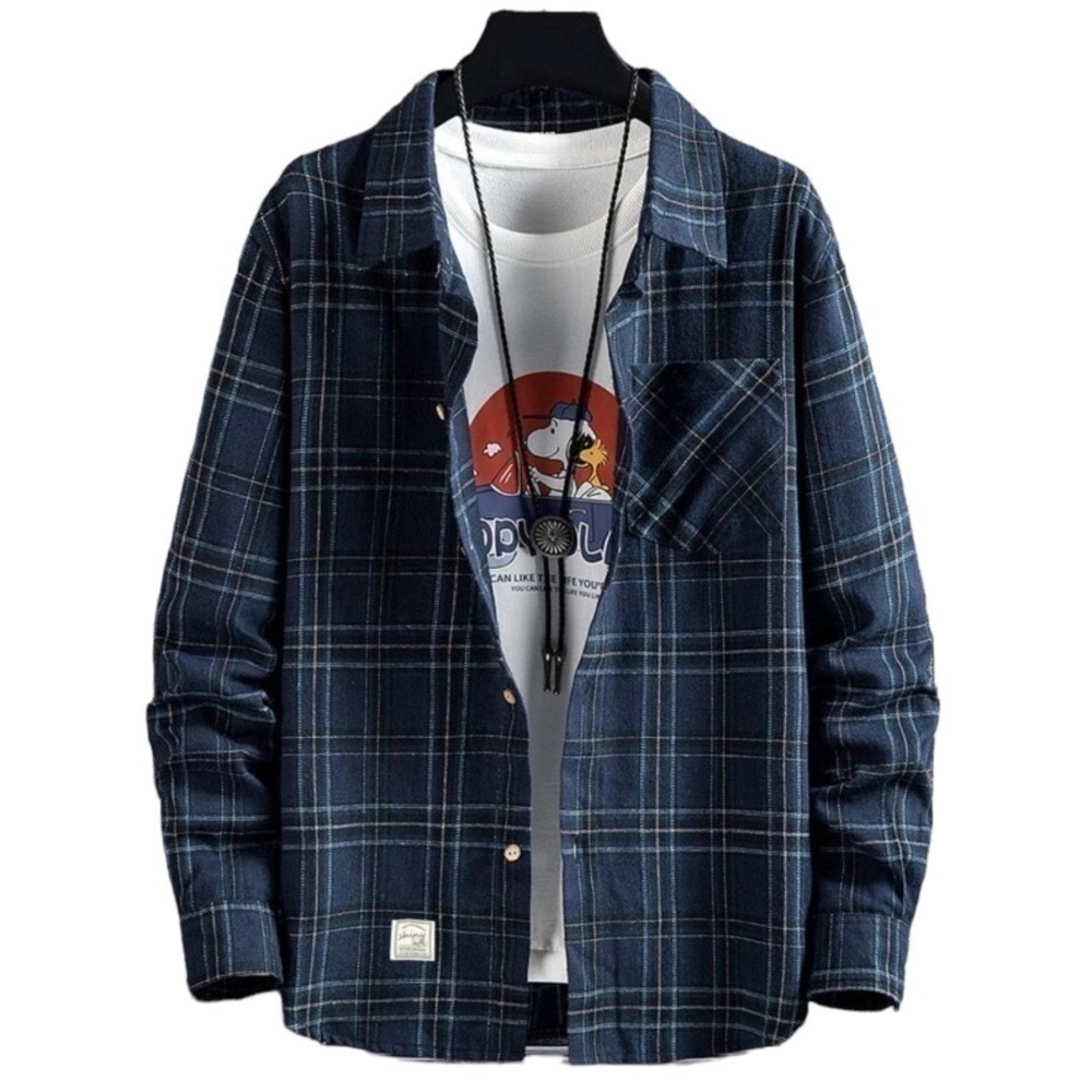 Manfinity Plaid Print Patch Detail Flannel Shirt - Navy Blue